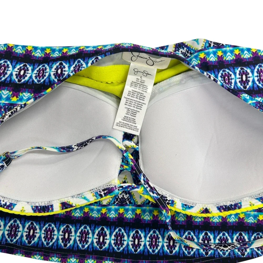 Jessica Simpson Tankini Swimsuit Set L Blue Tribal‎ Print Bandeau Boho Resort